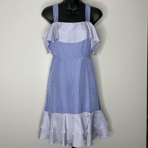 J. Crew Two Toned Blue White Striped Ruffle Dress Size 00